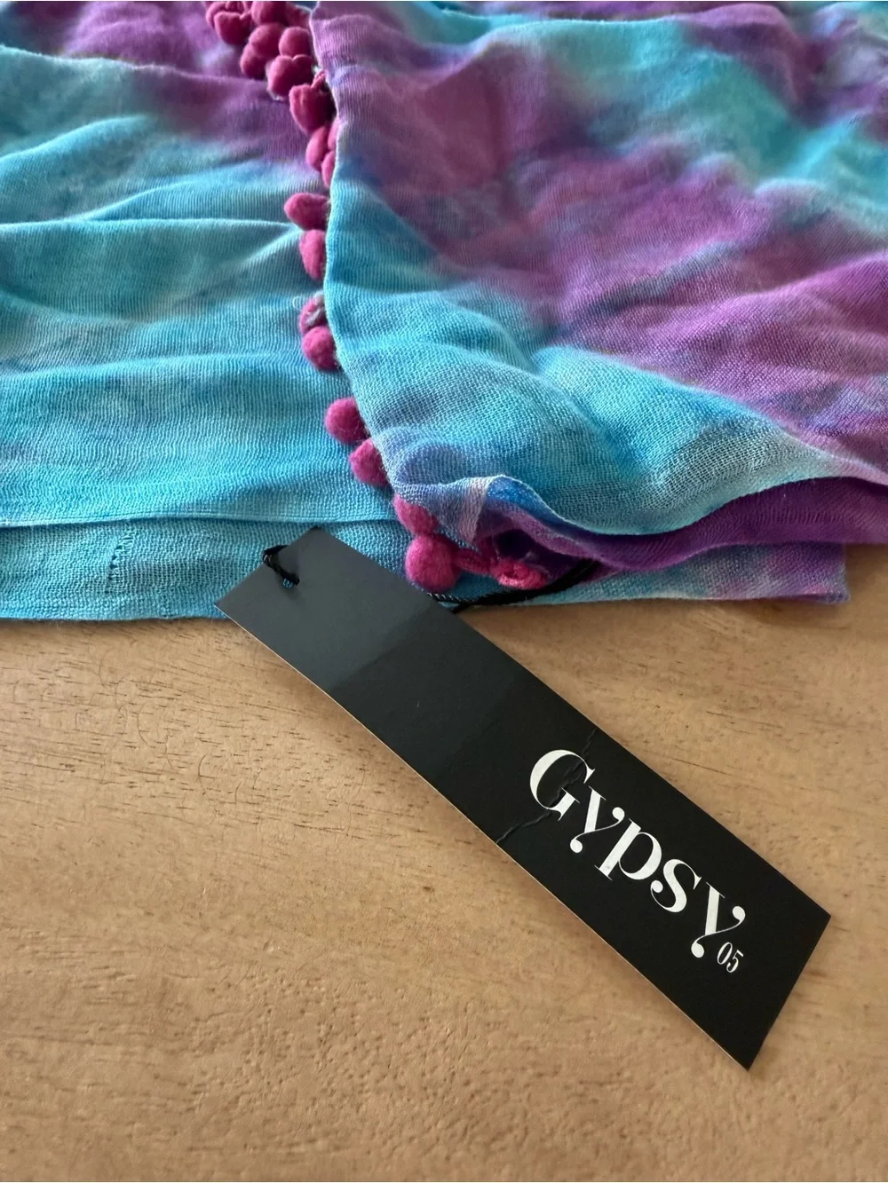 Gypsy 05 Purple and Teal Tie-Dye Scarf with Pom Trim